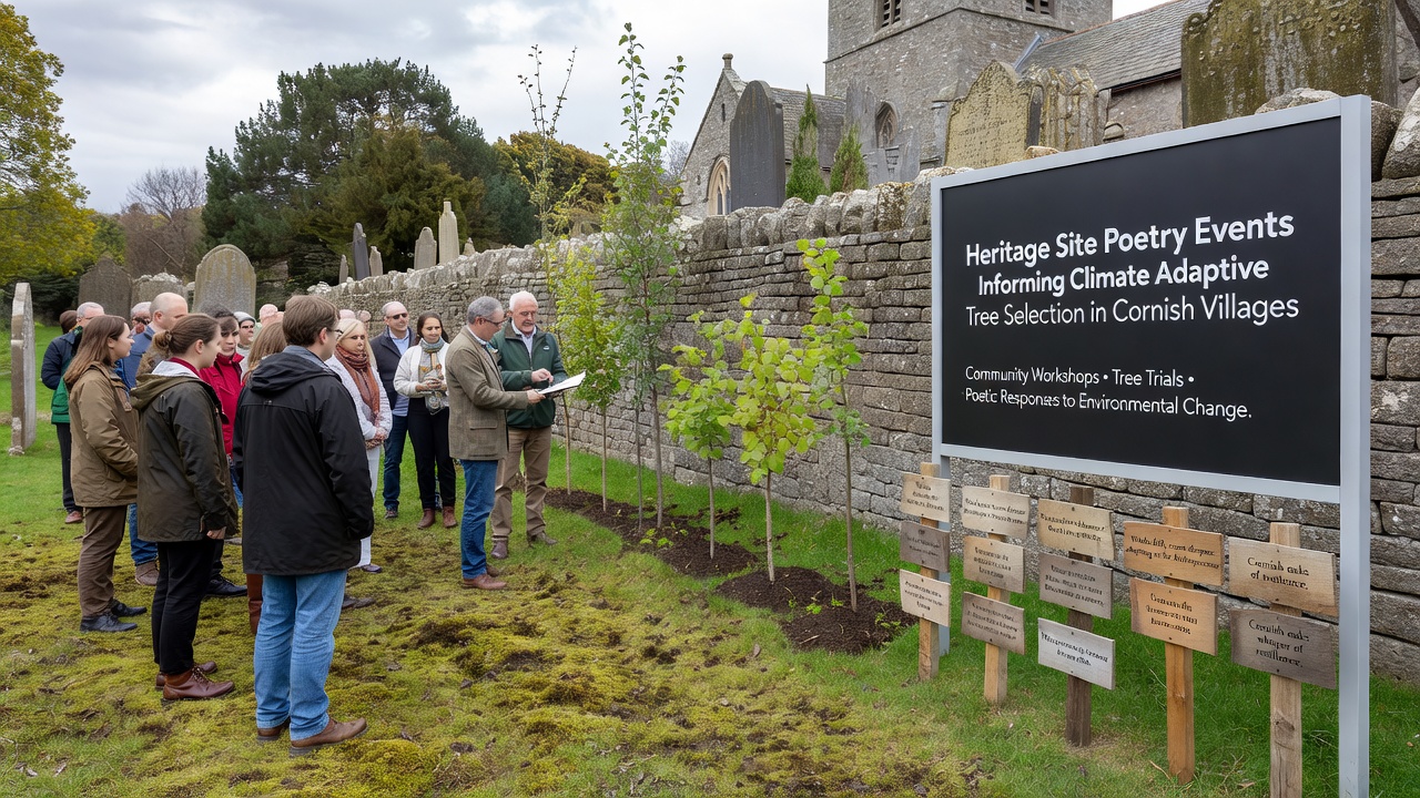 Community members reviewing tree species samples after a heritage site poetry session focused on climate adaptation